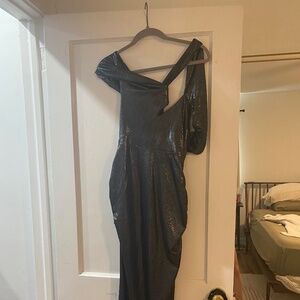 Club l London silver metallic strappy asymmetric cut out maternity maxi dress